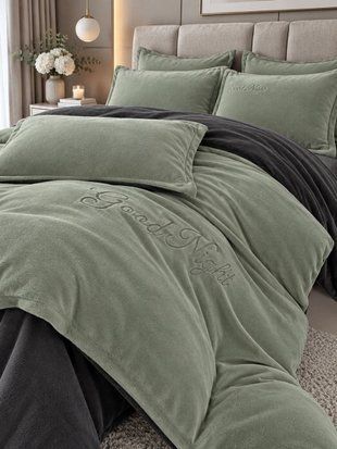 Комплект велюрової постільної білизни &bull; Good Night &bull; Олива та графіт VELOUR-GOOD-NIGHT-OLIVA-I-GRAFIT фото