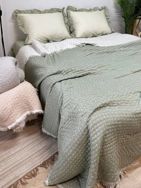 Покривало з шестишарового жакардового мусліну з бахромою &bull; 100% бавовна Туреччина &bull; Оливка MUSLIN-POKRYVALO-OLYKA фото